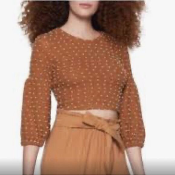 BCBGeneration Cropped Sweater Brown White Puffs - Picture 9 of 9